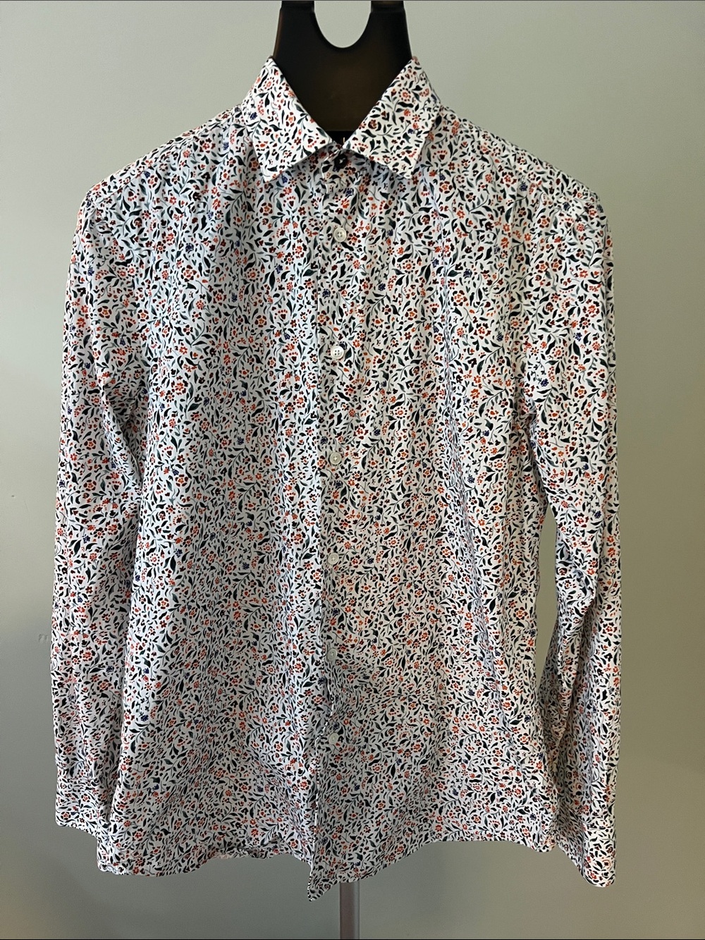 Paul Smith White Floral Button-Down Shirt with Orange & Navy Details